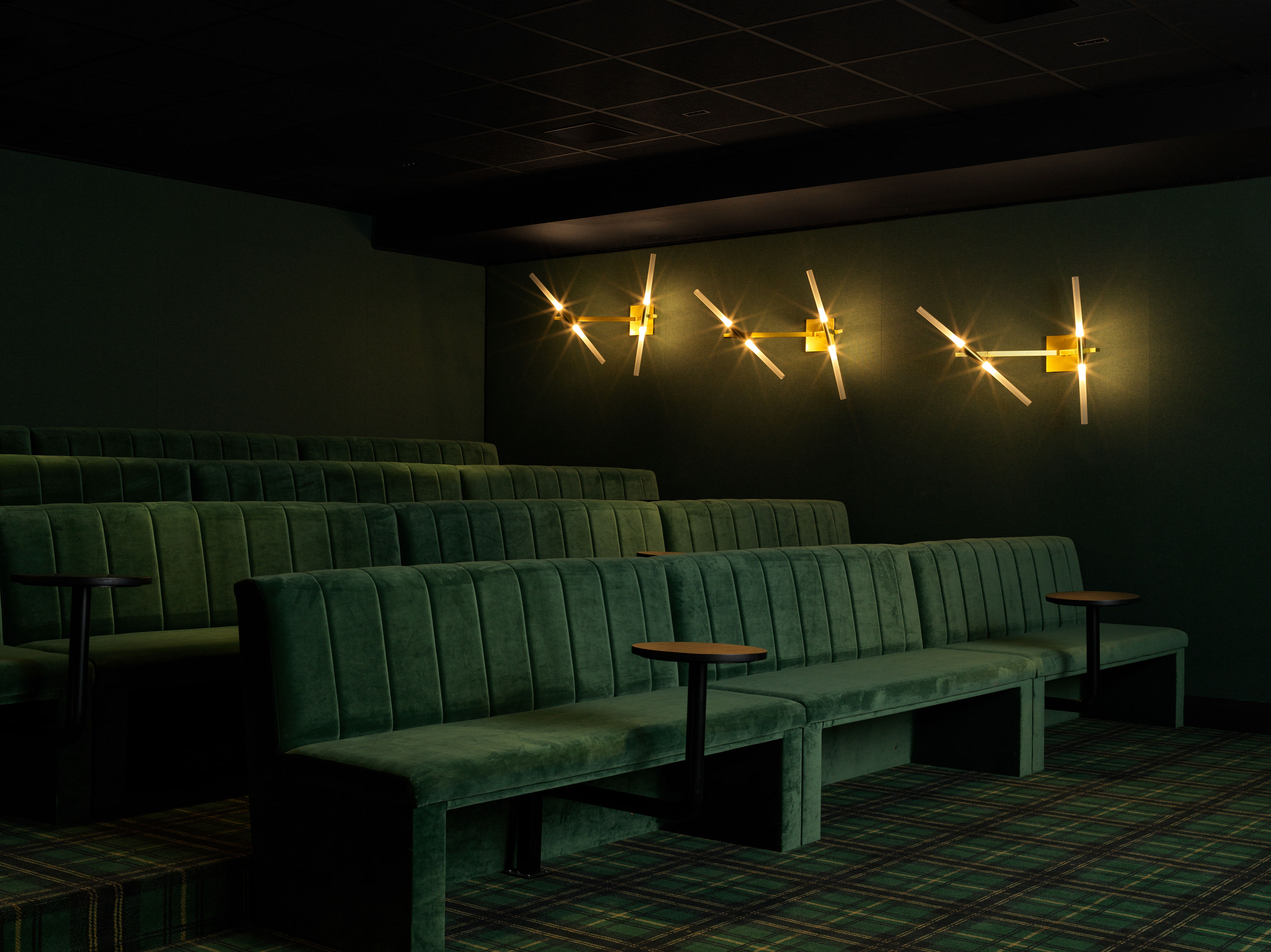 Private cinema room with tiered green velvet seating
