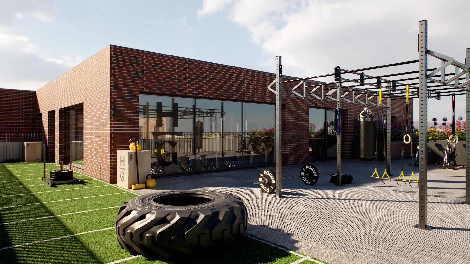 Rooftop outdoor gym with crossfit equipment