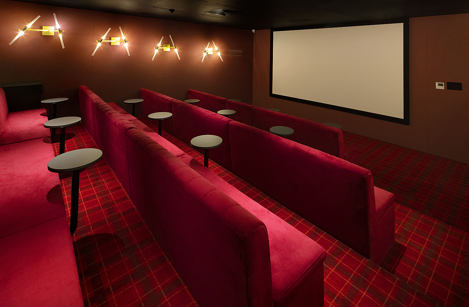 Cinema room with red velvet benches facing the screen