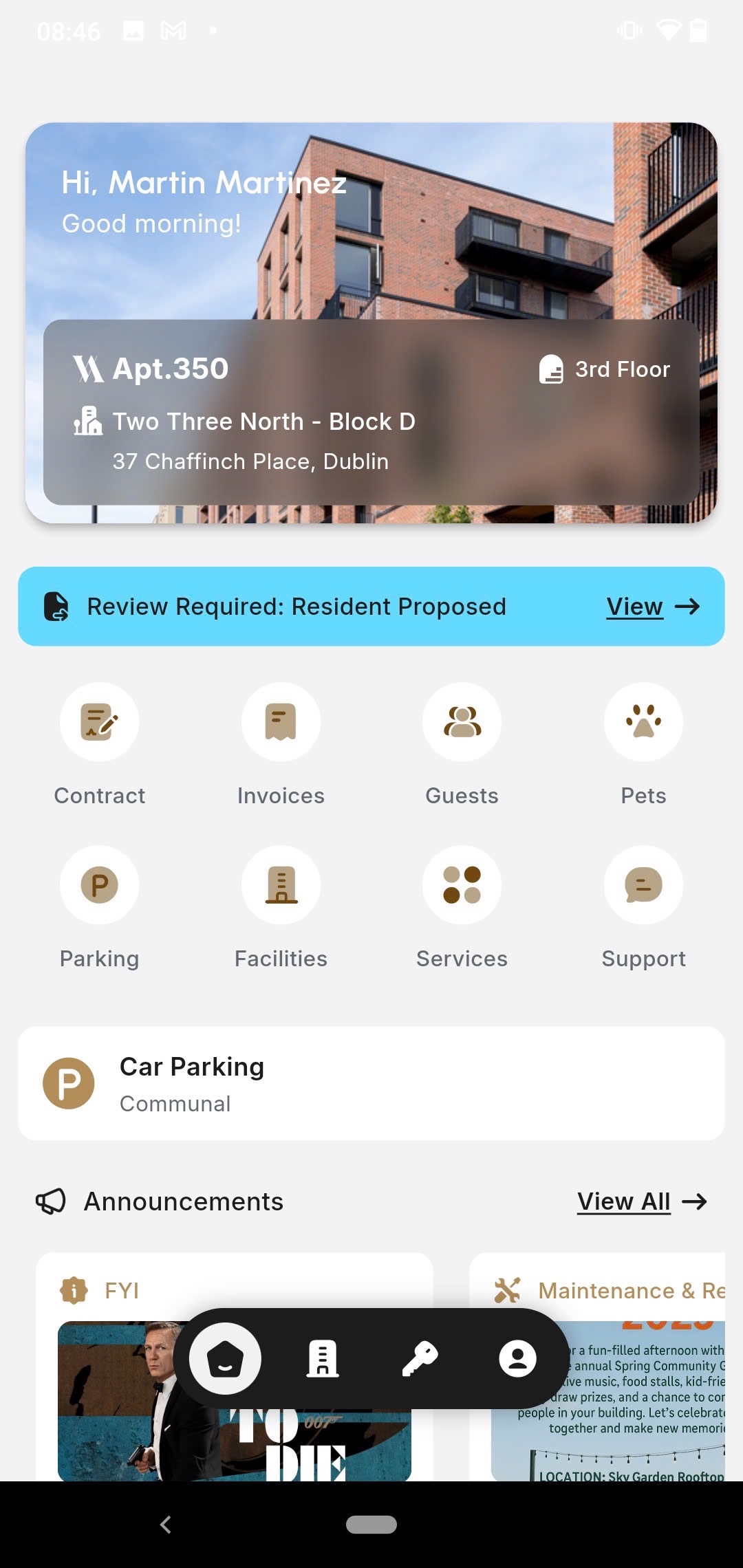 Vesta Living resident app showing apartment details, quick actions for Contract, Invoices, Guests, Pets, Parking, Facilities, Services, and Support